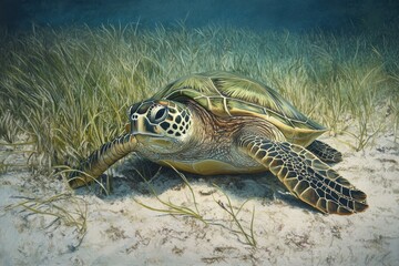Fototapeta premium Adult green sea turtle grazing on seagrass in serene underwater setting