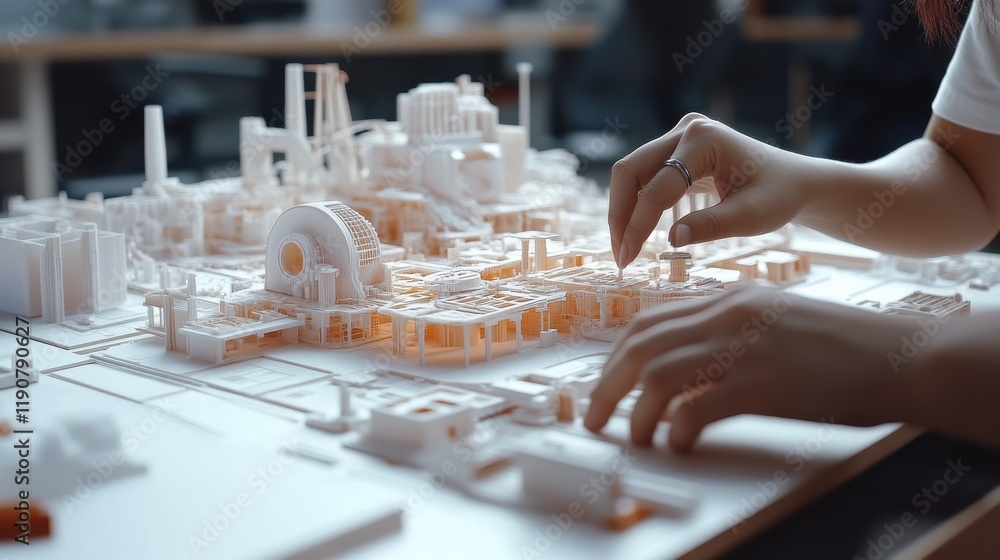 Poster engineering team designing a new project with 3d models and prototypes