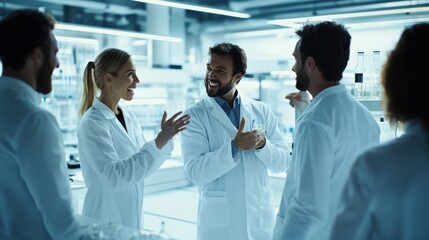 science, work and people concept - international group of happy scientists talking in laboratory