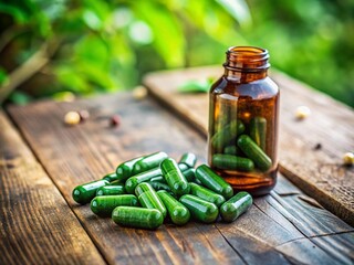 Herbal Capsules in Brown Glass Bottle on Rustic Wood - Natural Supplement Photography