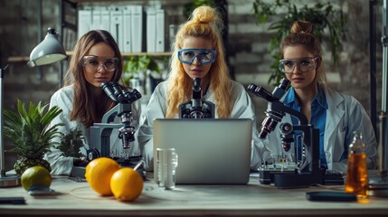 science research, work and people concept - happy international female scientists with microscope and laptop computer working in laboratory