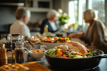 a bowl filled with salad on an elegant dinner table with blurred people enjoying delicious food and wine in the background