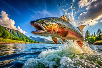Fototapeta premium High-Angle View: Trout Leaping, Fishing Needle, Sparkling Water