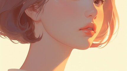 a close-up of a woman's face illuminated by warm sunlight, highlighting the soft texture of her skin and the glossy sheen of her lips, depicted in a smooth, digital painting style.