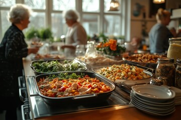 Obraz premium a bowl filled with salad on an elegant dinner table with blurred people enjoying delicious food and wine in the background