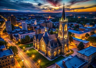 Fototapeta premium St. John's Church Syracuse, Night Orbit View - Low Light Aerial Photography