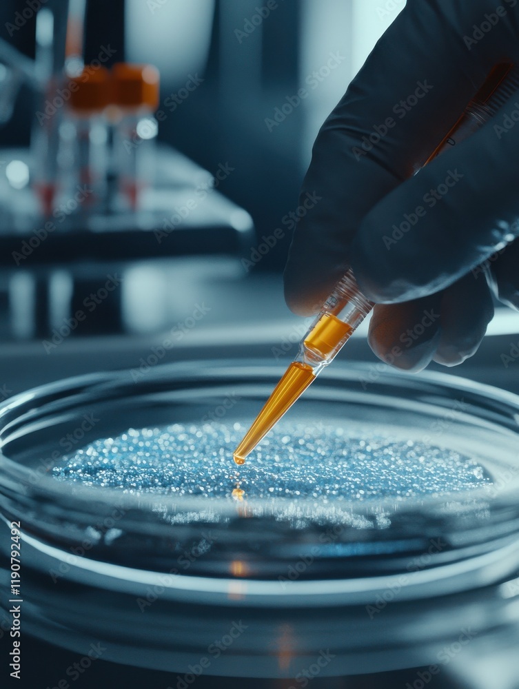 Poster close up shot of scientist hands pipetting sample into dish for dna testing in laboratory