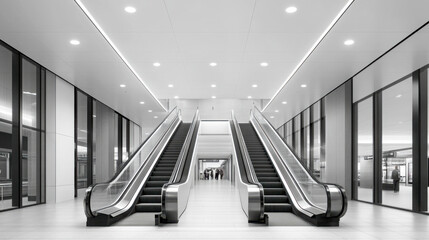 Modern escalators in an urban building lobby with sleek design and bright lighting during a busy afternoon