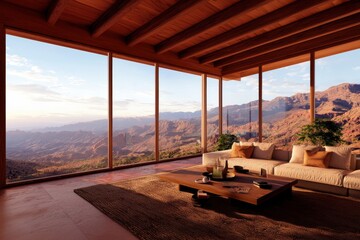 Obraz premium A modern living room with large windows showcasing stunning mountain views, featuring a cozy sofa, wooden furniture, and natural decor.