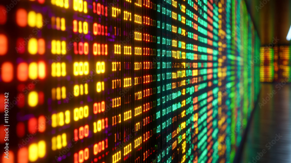 Poster modern digital display showcasing vibrant data patterns in a technology-focused environment