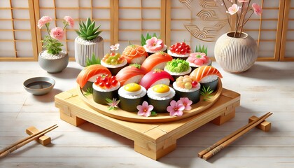 Traditional Japanese Temari Sushi on Wooden Plate
