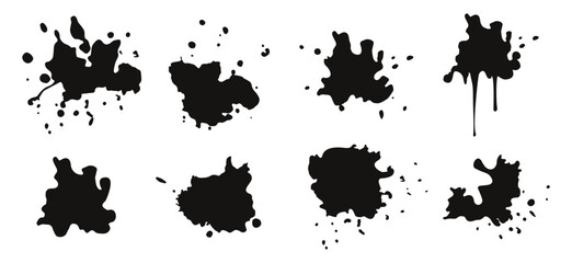 A set of black ink stain, splashes, blots, spots, drops. Isolated on a white background. Vector illustration.