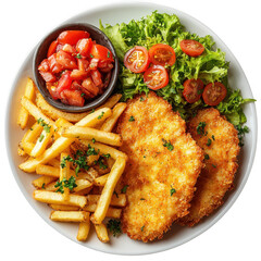 Top and side view of crispy breaded schnitzel isolated on transparent background