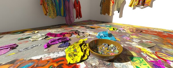 Vibrant Art Installation with Hanging Clothes and Colorful Floor Display in a Gallery
