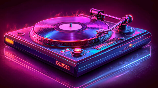 Classic turntable illuminated with vibrant neon lights creating an electrifying atmosphere for a music listening experience