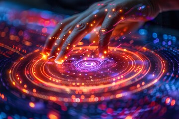 Interactive display with colorful lights and swirling patterns engaged through touch at a technology exhibition