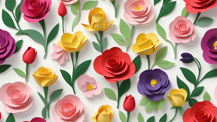 Colorful paper flowers, arranged on white background, spring floral design, flat lay