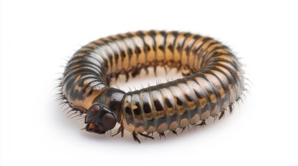 Curled Millipede on a White Background. Generative AI
