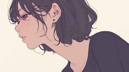 a contemplative profile of a woman with short, wavy dark hair, featuring subtle shading and a muted color palette on a light background, rendered in a smooth, digital art style, emphasizing a sense of