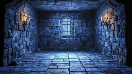 Mysterious stone chamber with dim lighting and barred window, creating an eerie atmosphere in a medieval setting