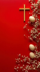 Minimalist Easter Celebration with Eggs and Floral Elements on a Vibrant Red Background for Chinese New Year Festivities