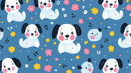 discover adorable seamless dalmatian puppy patterns with floral designs perfect for children's wallpaper and fabric, featuring whimsical cute cartoon dogs in pastel and blue backgrounds