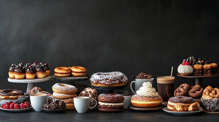 Fototapeta premium Table with various cookies, donuts, cakes and coffee cups on a dark background. Panorama, banner.