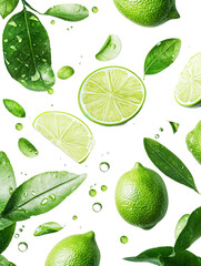 Fresh limes, leaves, and water droplets suspended in mid-air against a white background.  Vibrant, juicy limes perfect for refreshing drinks or culinary uses.