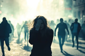 A silhouetted cityscape of people running in chaos down a street. A middle-aged woman, overwhelmed by the chaos, covers her face with her hand
