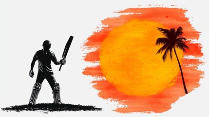 Cricket Player with Bat Against a Sunset Background and Palm Tree Silhouette