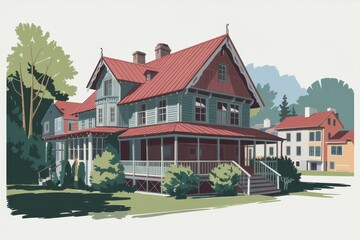 Quaint Suburban Home with Red Roof and Porch