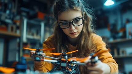 High school girl assembling a drone propeller during a shop class.