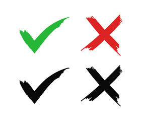 Set hand drawn check mark, tick and cross brush signs with canvas texture. Vector icon set. PNG, transparent