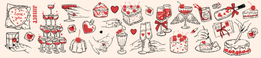 Valentine Day doodle set, vector hand drawn holiday romantic cake illustration, female line hand. Love date dinner, wine glass tower, heart shaped cherry pie, alcohol beverages. Valentine doodle kit