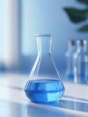 A Science Beaker in the laboratory on a table white and light blue background.. laboratory equipment out of focus.