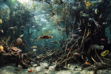 Mangrove forest underwater biodiversity with intricate root system and marine life captured in rich colors and textures and diffused light