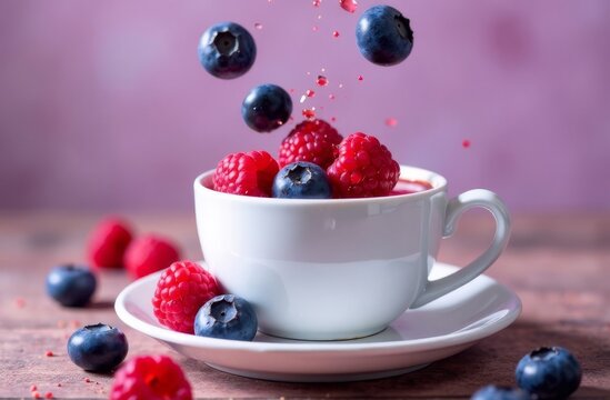 Fragrant tea with blueberries, raspberries and strawberries in a white cup on a lilac background