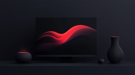 A black and red television is on a table next to a vase and a bowl