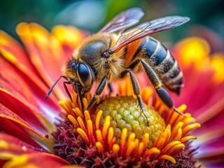 Fototapeta premium Honey Bee Pollination: Close-up Macro Shot of Bee on Vibrant Flower