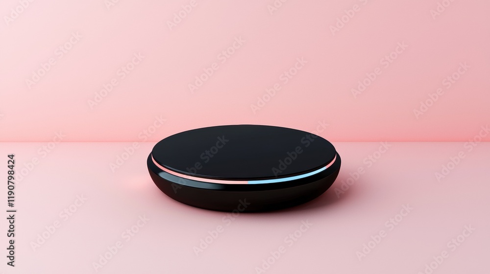 Poster a black object with a round shape is on a pink background
