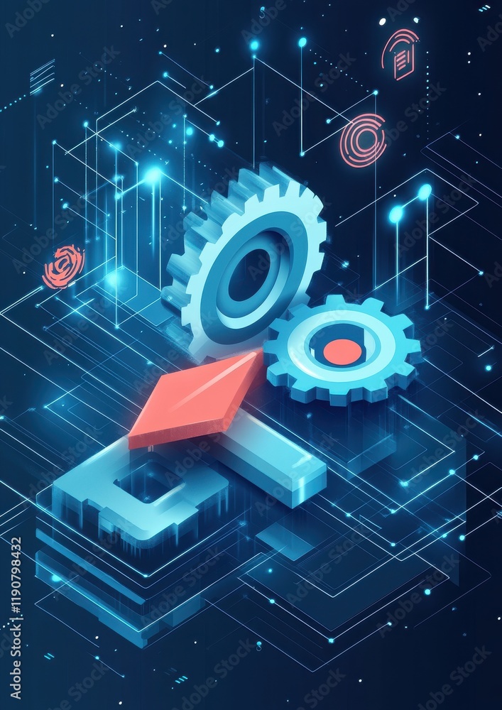 Poster digital technology gears and abstract components in futuristic blue framework