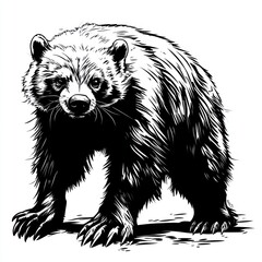 Fototapeta premium Fierce black and white bear illustration, forest background, tattoo design