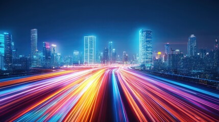 Fototapeta premium Neon Cityscape, A futuristic metropolis, illuminated background with vibrant neon streaks, evokes a sense of innovation, progress, and connectivity