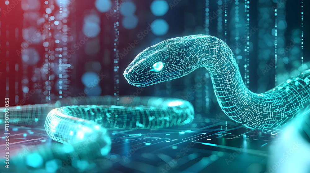 Poster digital snake animation virtual environment futuristic technology abstract design neon aesthetics 3d