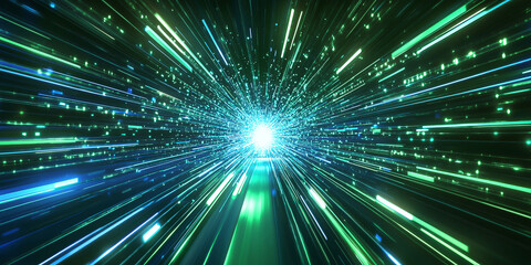 Fototapeta premium Abstract depiction of a high-speed burst of green and blue light streaks, creating a futuristic tunnel effect with a radiant light source at the center.