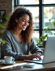 Smiling Woman Working on Laptop: A Cozy and Serene Atmosphere