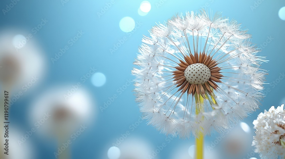 Poster the most realistic macro portrait photograph of a delicate dandelion flower on a soft blue backgroun
