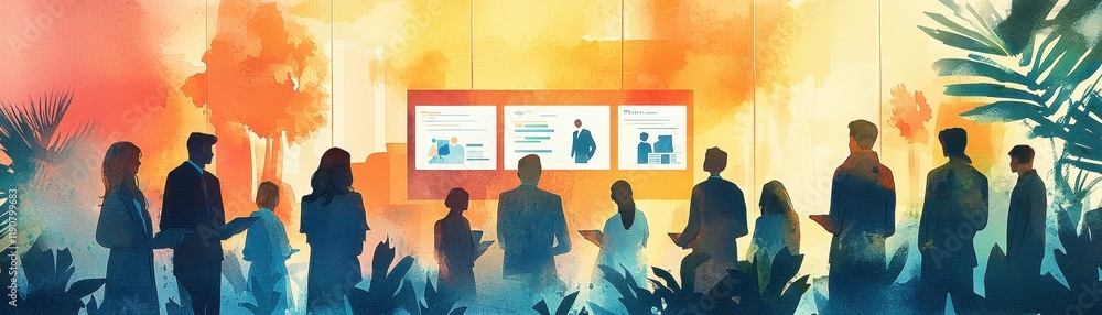 Aufkleber professional conference audience engaged in presentation with colorful background and visual display