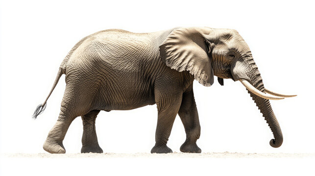 high-quality african elephant isolated on white background: mature large african bush elephant profile with tusks and trunk in side view for wildlife photography