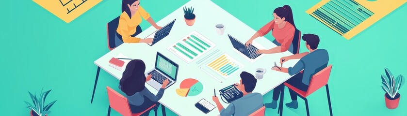 Team Collaboration in Modern Office with Laptops and Charts During Meeting in Bright Colorful Workspace